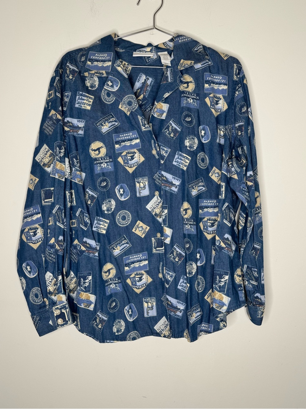 Liz Claiborne Jeans Plus Size 16W Vintage Travel Stamp Print Button Down Shirt